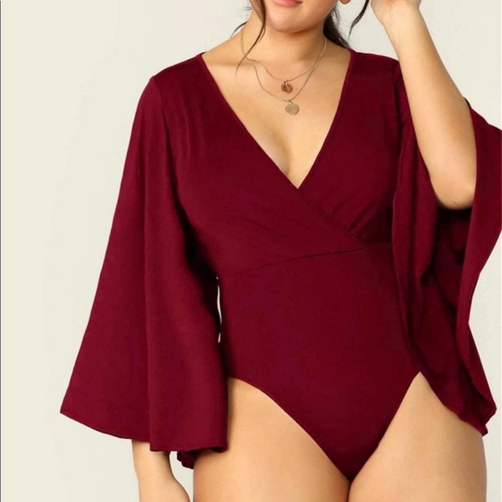 Plus Size Bodysuit Surplice Neck Flare Bell Sleeve